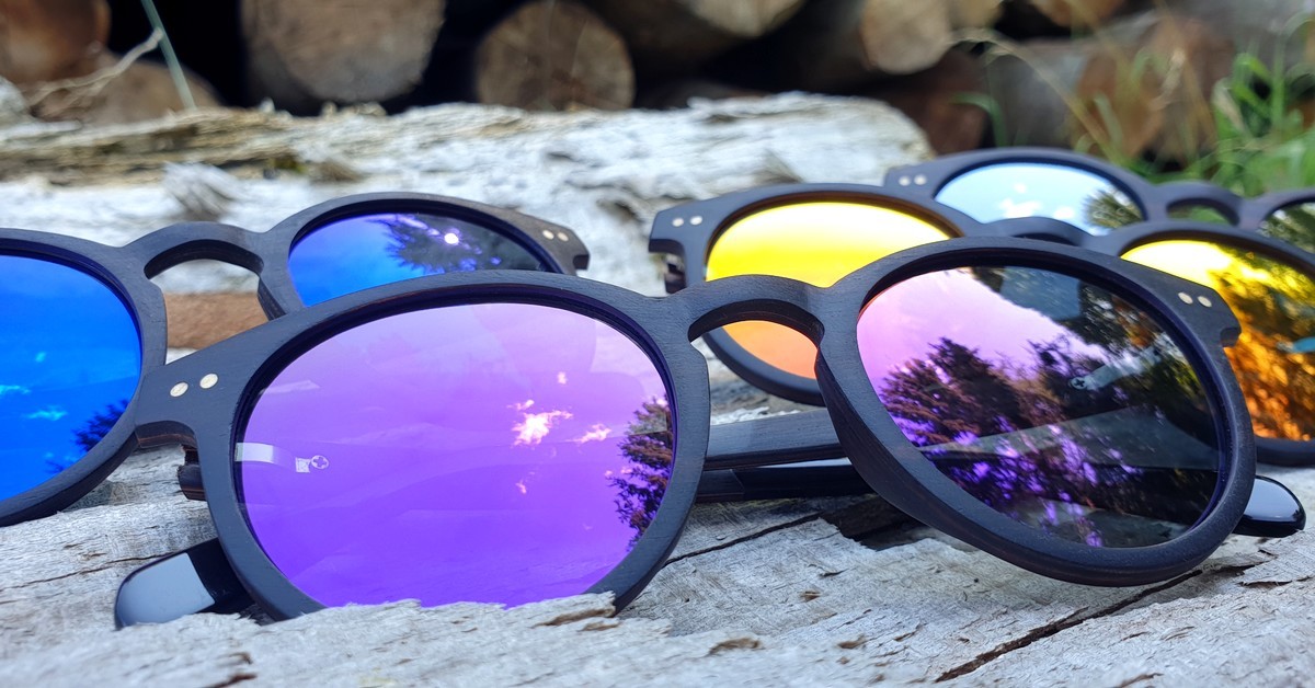 Holz Sonnenbrille | Modell: "MAYA" | Blau, Rot, Violett (Lila) & Silber >> WOODEN SHADE®