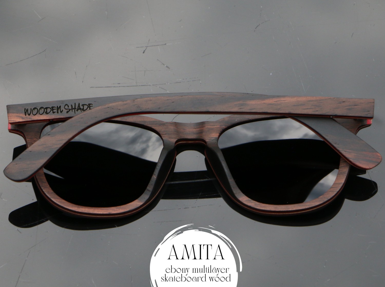 Wooden sunglasses AMITA skateboard wood  ebony wood dark frame and good shape 
