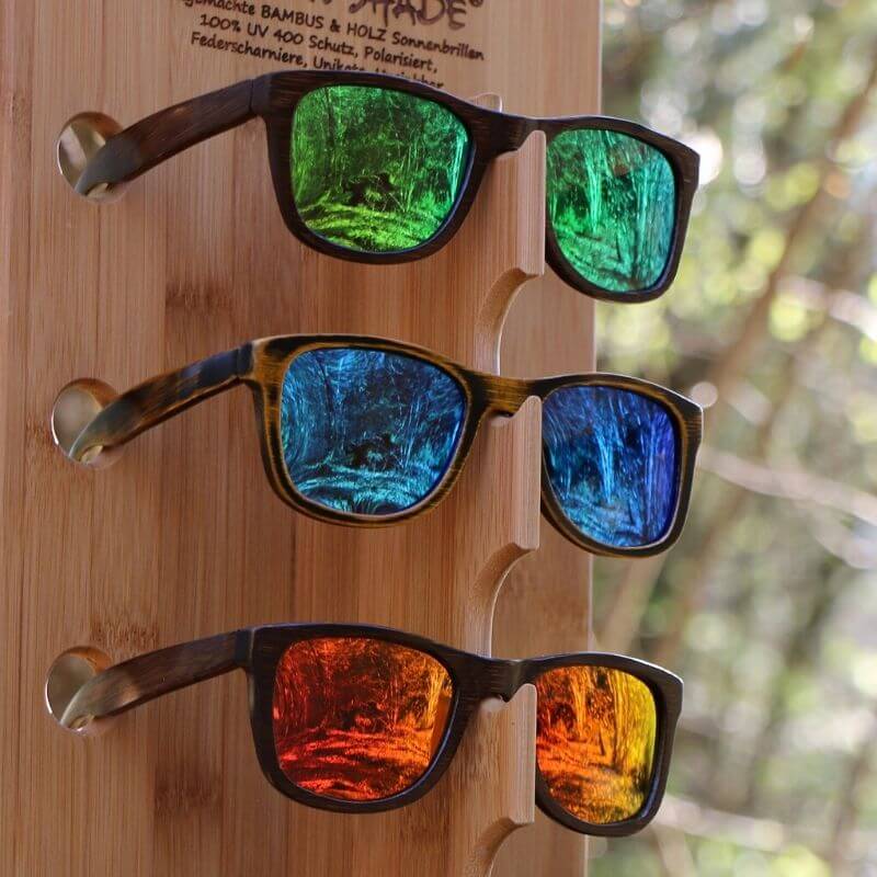 Cat.3 UV400 Schutz Sonnenbrille aus Holz für Damen & Herren Okulars® Dark Bamboo Handgefertigt Polarisierte und Verspiegelte Gläser eine Größe